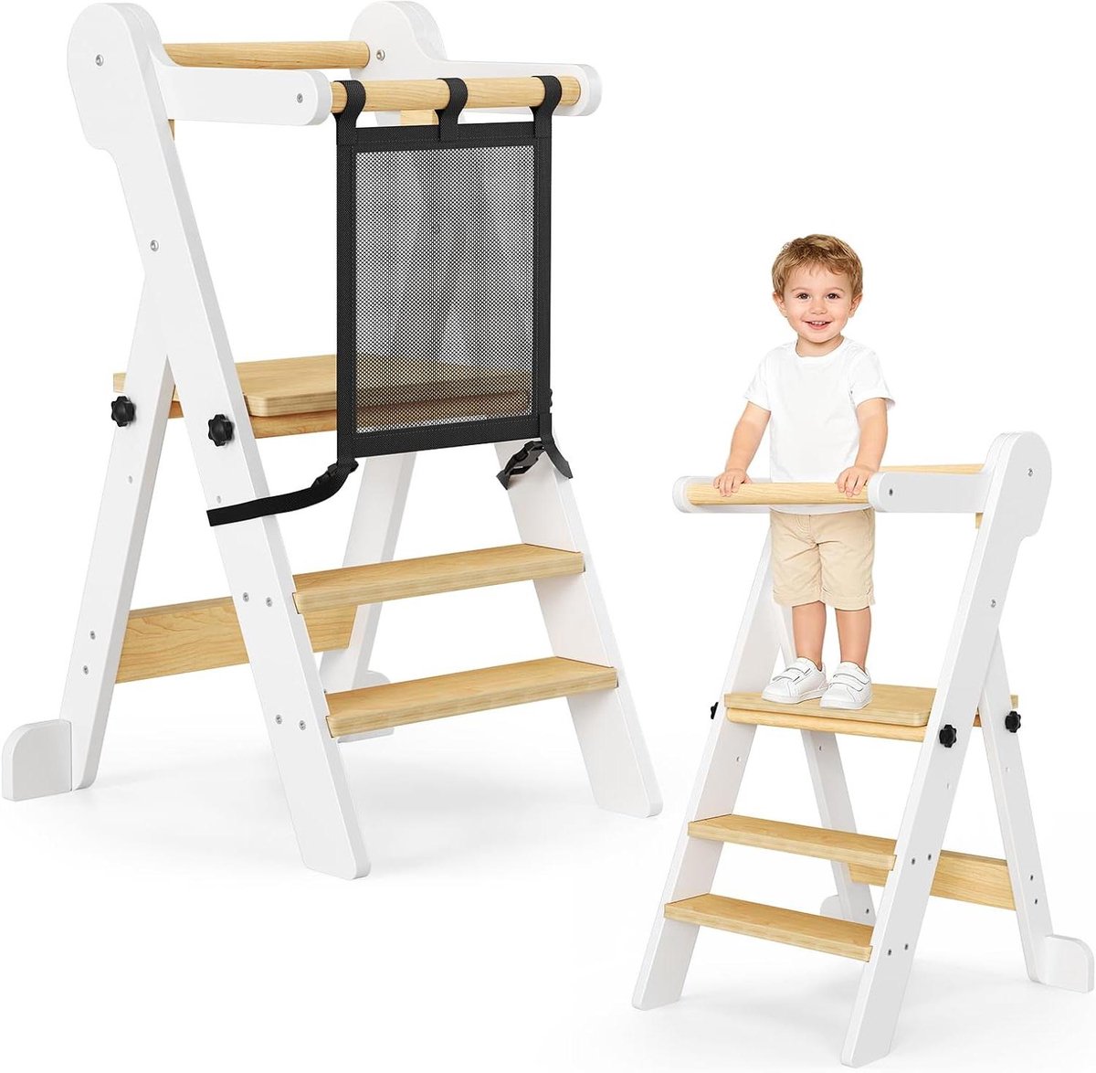 Houten Leertoren - Kinderkeuken hulp - Zelfstandig Leren - Opvouwbaar & Verstelbaar - 95x10x34 cm - Natuurlijk Hout