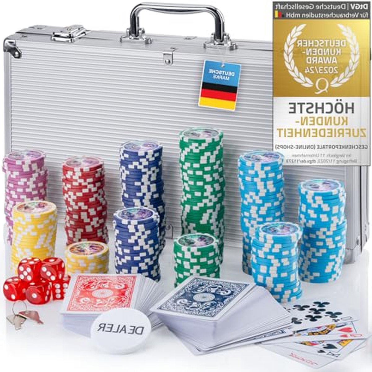 Pokerkoffer Set - Speelkaarten Koffer - Casino Avonden - Afsluitbare Aluminium Koffer - 300 Fiches - Zilver