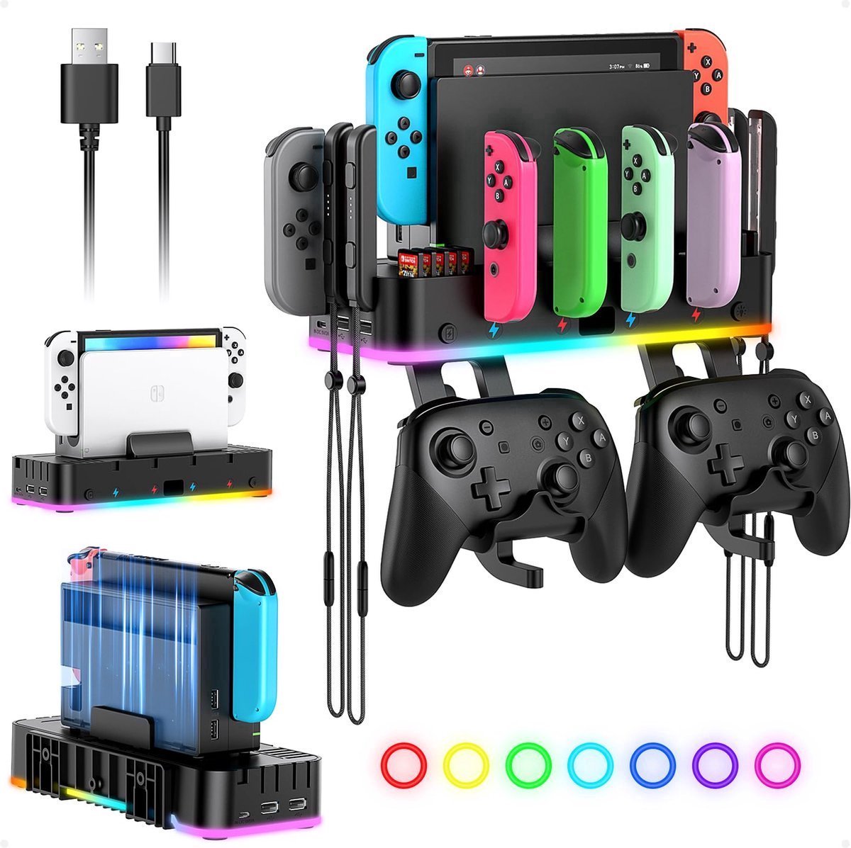 RGB Wandbevestiging-geschikt voor Nintendo Switch/OLED en Joycon-LED-oplaadstation-geschikt voor Switch Controller en Console-met 4 USB-poorten-Switch Organizer geschikt voor 10 kaartsleuven-2 haken