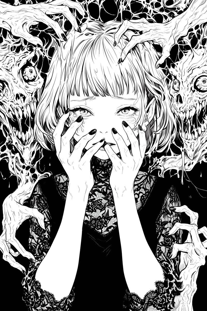 Zwart Wit Poster - Monstermeisje - Monsters - Fantasie - Schetsmatige - posters - formaat 30x40cm - Wanddecoratie - XS2383MT