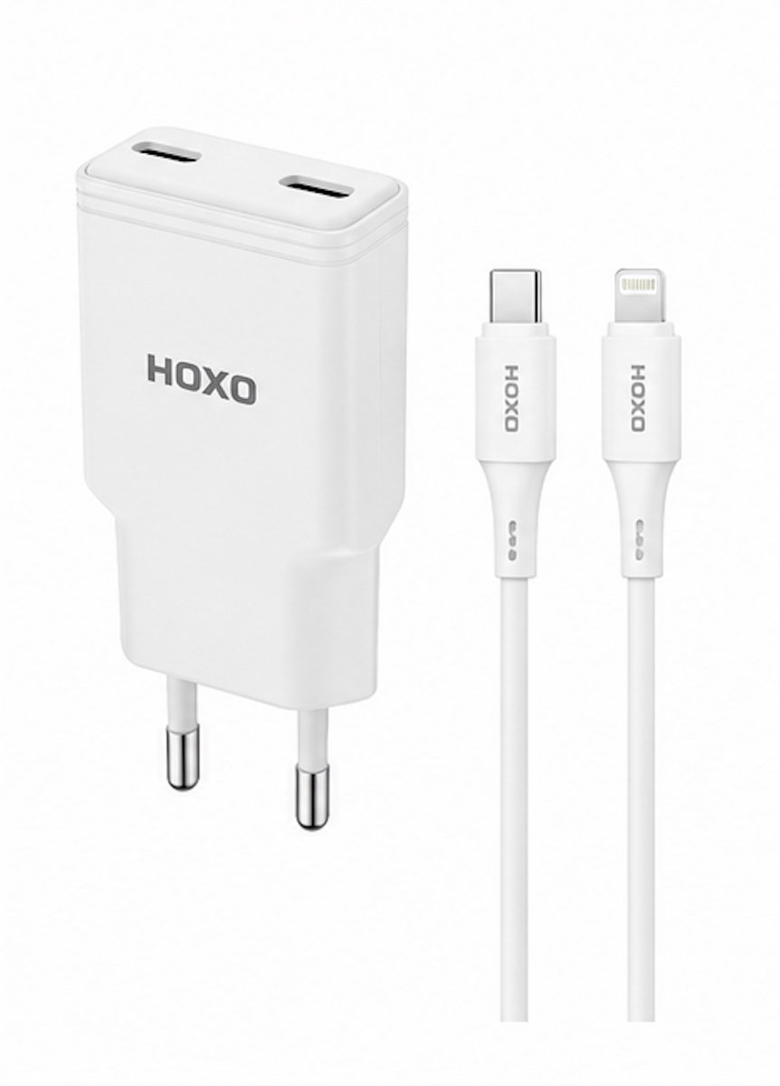 HOXO 20W GaN Snellader met USB-C naar 8-Pin Kabel – Dual USB-C – PD Fast Charging – 1 Meter – Wit