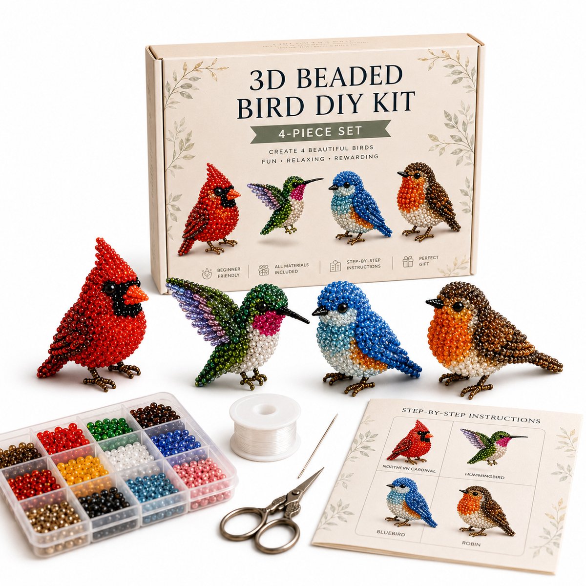 Vixson - DIY Kralen Dierenpakket - 4 Stuks - 3D Dieren Knutselset - Creatief Knutselpakket voor Kinderen & Volwassenen - Dierenkralen Hobby Set - Tuinvogels - ANIBEAD