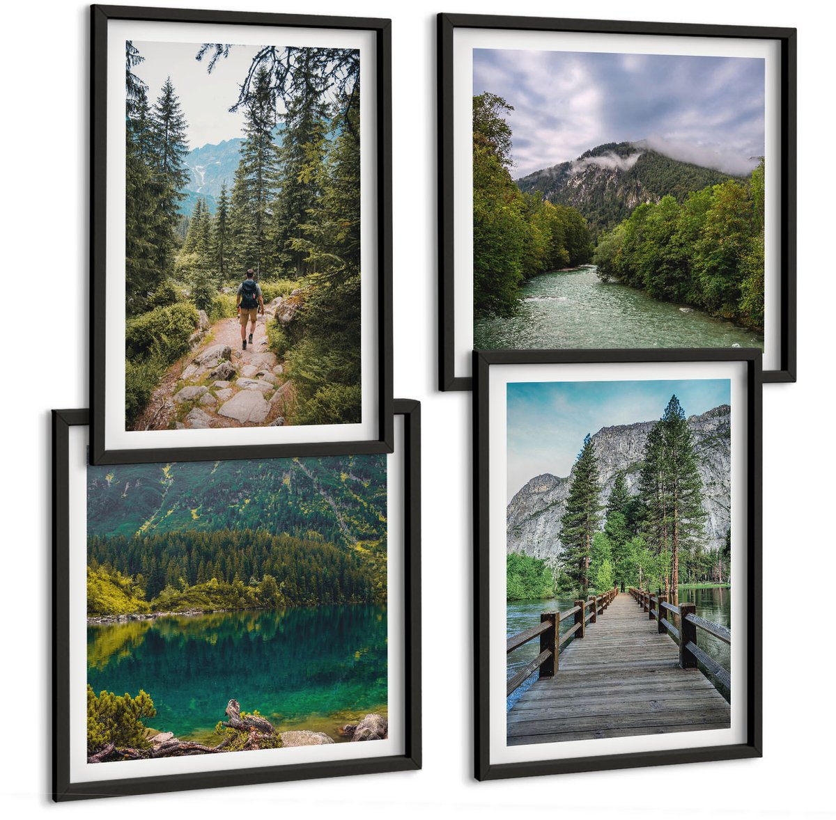Coloray 4-Delige Schilderij Set - Bergen, Meren, Bossen En Paden In De Natuur - 40 x 40 cm En 40 x 60 cm - Decoratieve Muurdecoratie - Slaapkamer Zwarte lijst