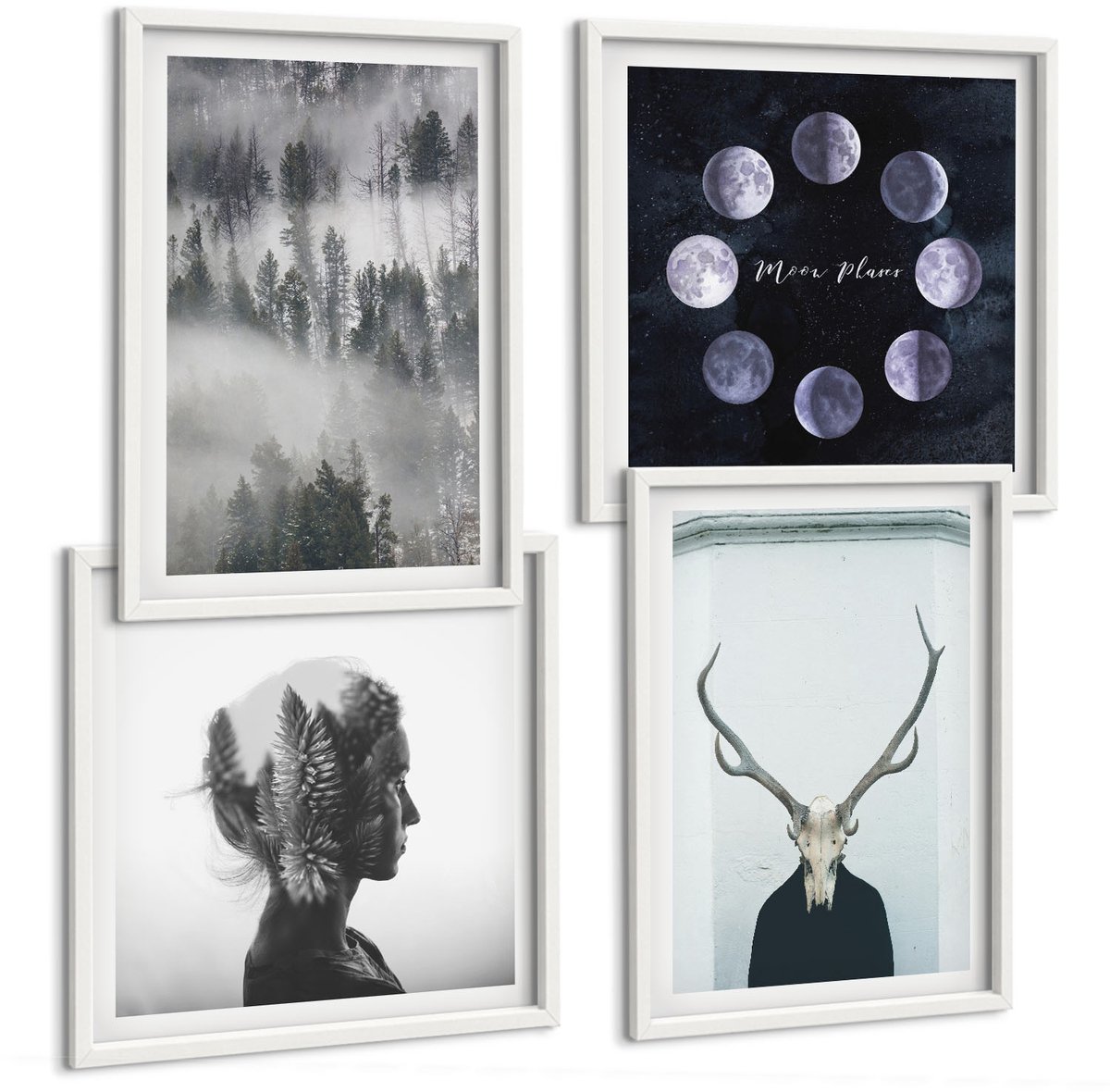 Coloray 4-Delige Schilderij Set - Bos In De Mist Maanfasen Hertenschedel Vrouw - 40 x 40 En 40 x 60 - Muurdecoratie - Interieur Decoratie