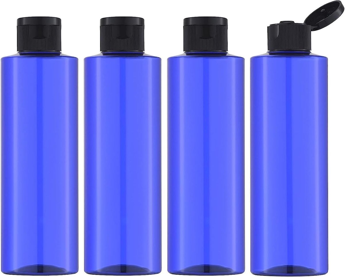 4 Stuks Navulbare Flessen 250ml, Blauwe Kunststof Cosmetica Flessen met Klapdeksel, Lege Flesjes voor Shampoo, Conditioner, Douchegel, Lotion, Badkamer, Sportschool, Camping en Weekendtrip