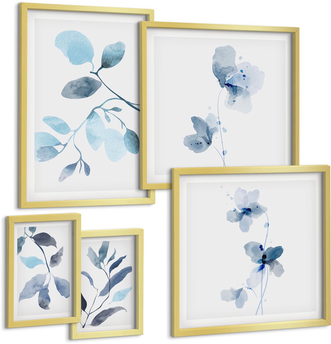 Coloray 5-Delige Schilderij Set - Botanische Accenten In Delicate Blauwe Tinten - 50 x 50 cm, 20 x 30 cm En 40 x 60 cm - Wanddecoratie - Schilderijen Set - Kantoor - Moderne Wanddecoratie