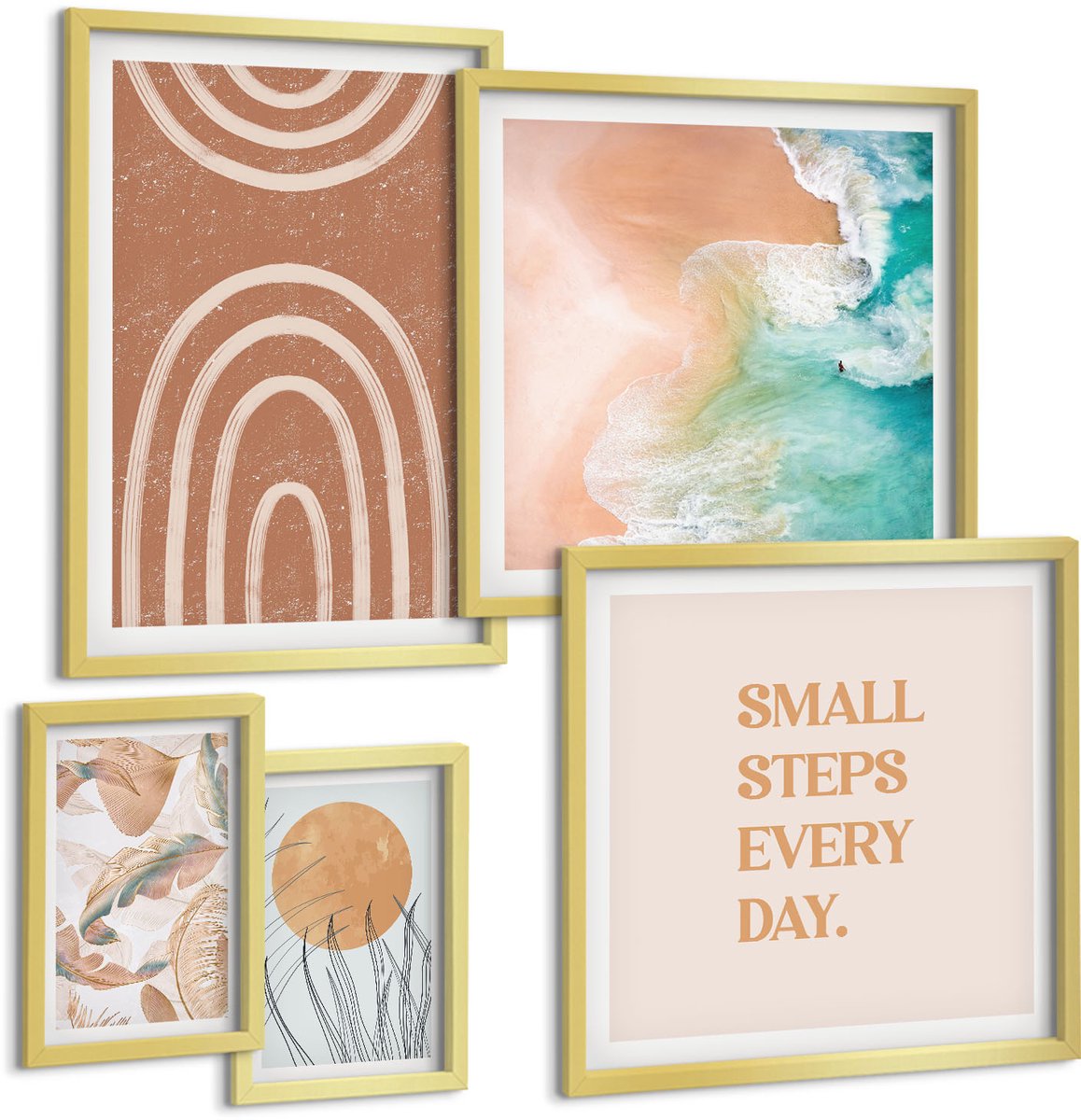 Coloray 5-Delige Schilderij Set - Stijlvolle Decoraties Met Plant- En Geometrische Motieven. - 50 x 50 cm, 20 x 30 cm En 40 x 60 cm - Moderne Wanddecoratie - Slaapkamer