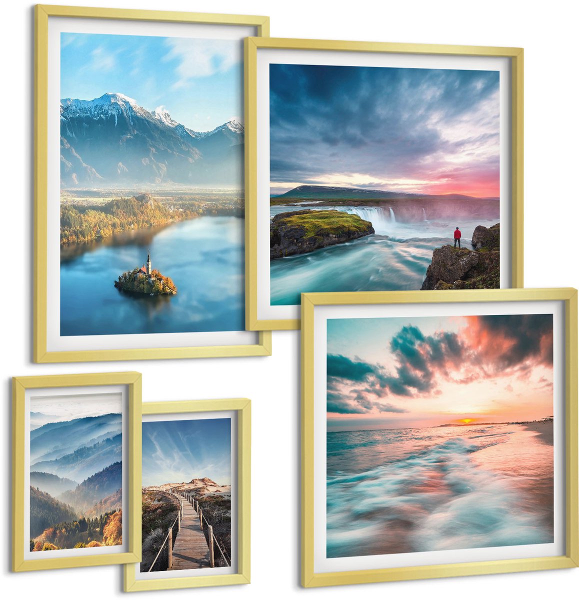 Coloray 5-Delige Schilderij Set - Natuurlandschappen Met Bergen En Watervallen Op De Achtergrond. - 50 x 50 cm, 20 x 30 cm En 40 x 60 cm - Wanddecoratie - Muurdecoratie - Moderne Interieurdecoratie - Decoratieve Schilderijen