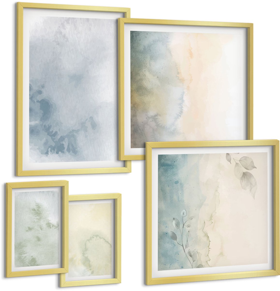 Coloray 5-Delige Schilderij Set - Pastelkleurige Aquarelverf Op Canvastextuur - 50 x 50 cm, 20 x 30 cm En 40 x 60 cm - Wanddecoratie - Schilderijen Set - Interieur - Moderne Wanddecoratie