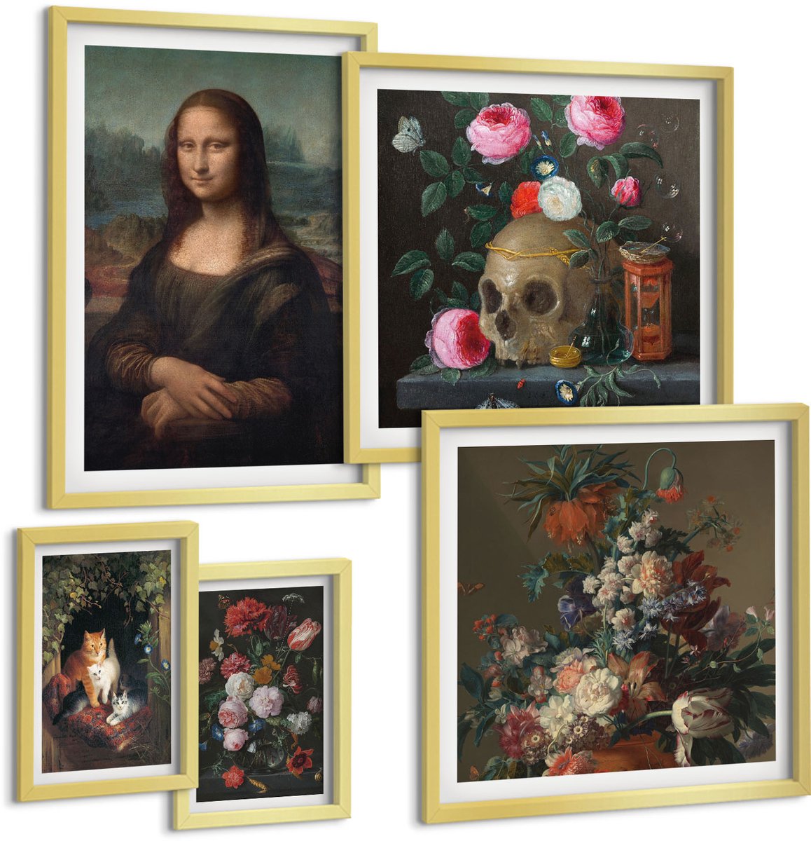 Coloray 5-Delige Schilderij Set - Bloemstukken En Klassieke Vintage Portretten - 50 x 50 cm, 20 x 30 cm En 40 x 60 cm - Decoratieve Schilderijen - Wanddecoratie - Hal - Stijlvolle Muurdecoratie