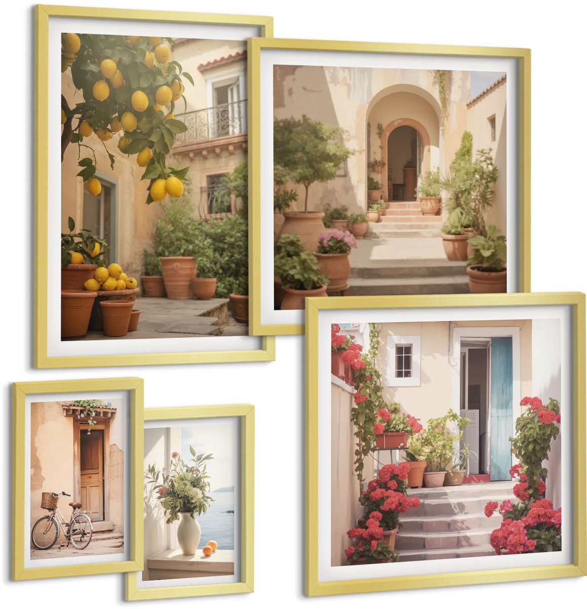 Coloray 5-Delige Schilderij Set - Sfeervolle Straten Met Bloemen En Citrusbomen In Provençaalse Stijl. - 50 x 50 cm, 20 x 30 cm En 40 x 60 cm - Stijlvolle Muurdecoratie - Kantoor