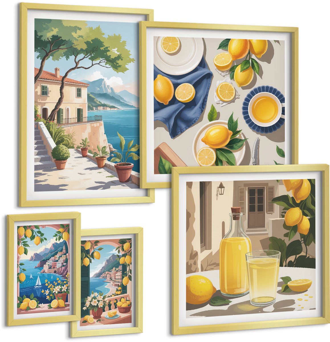 Coloray 5-Delige Schilderij Set - Citroenen Met Uitzicht Op Pittoreske Landschappen - 50 x 50 cm, 20 x 30 cm En 40 x 60 cm - Decoratieve Schilderijen - Woonkamer - Interieur - Woonkamer Decoratie