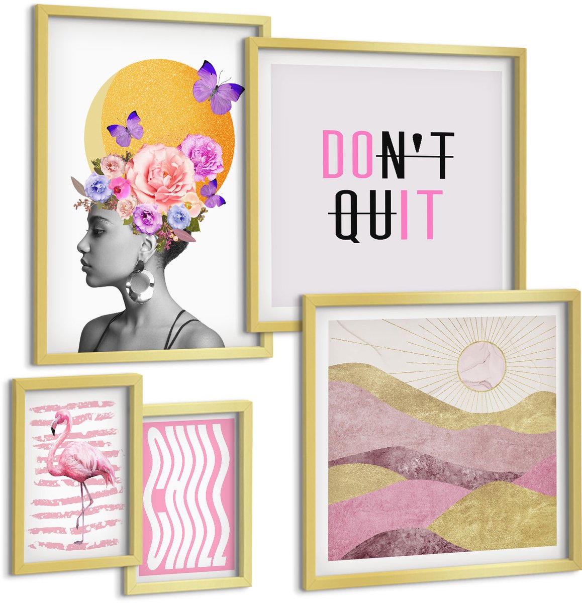 Coloray 5-Delige Schilderij Set - Boho-Stijl Met Bloemenmotieven En Inspirerende Slogans - 50 x 50 cm, 20 x 30 cm En 40 x 60 cm - Muurdecoratie - Wanddecoratie - Hal - Decoratieve Schilderijen