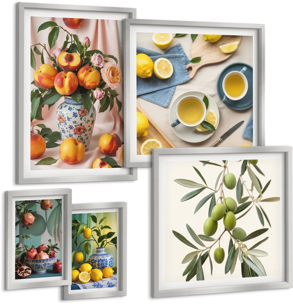 Coloray 5-Delige Schilderij Set - Fruitcomposities Met Granaatappels, Citroenen En Perziken - 20 x 30 cm - Wanddecoratie - Schilderijen Set - Interieur - Woonkamer Decoratie