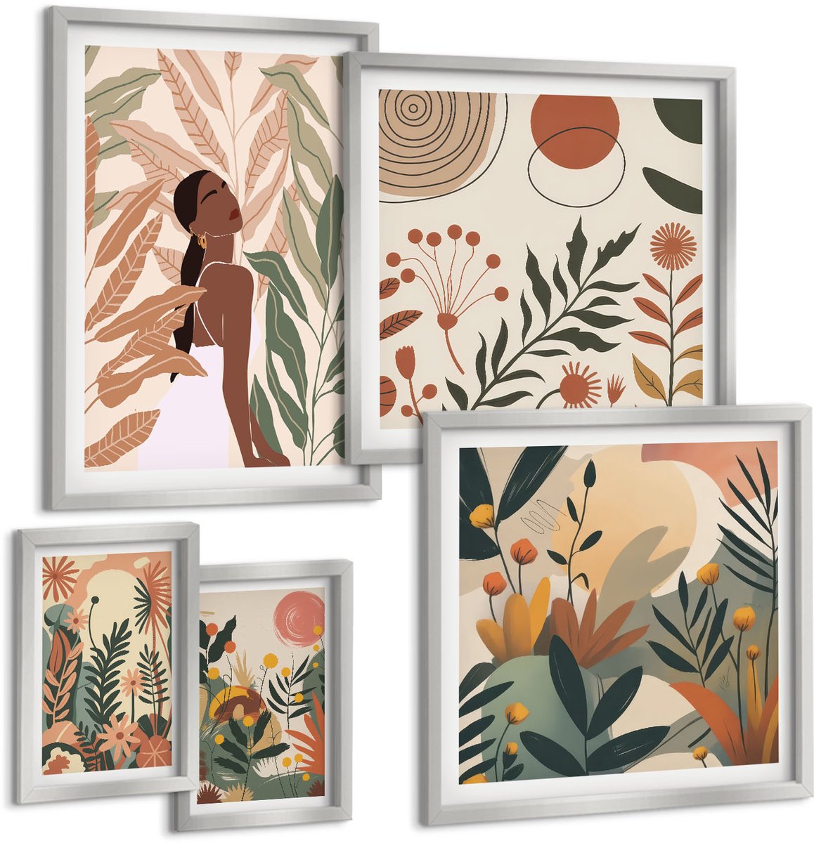 Coloray 5-Delige Schilderij Set - Plantmotieven In Gedempte Kleuren Met Cirkels. - 20 x 30 cm - Muurdecoratie - Schilderijen Set - Woonkamer - Interieur Decoratie