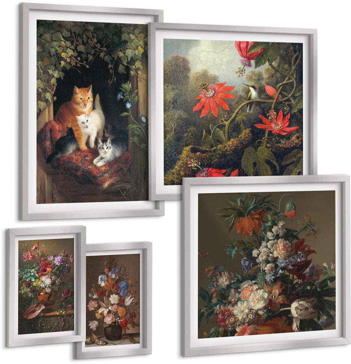 Coloray 5-Delige Schilderij Set - Vintage Bloemen, Katten En Planten In De Natuur - 20 x 30 cm - Muurdecoratie - Decoratieve Schilderijen - Wohnzimmer