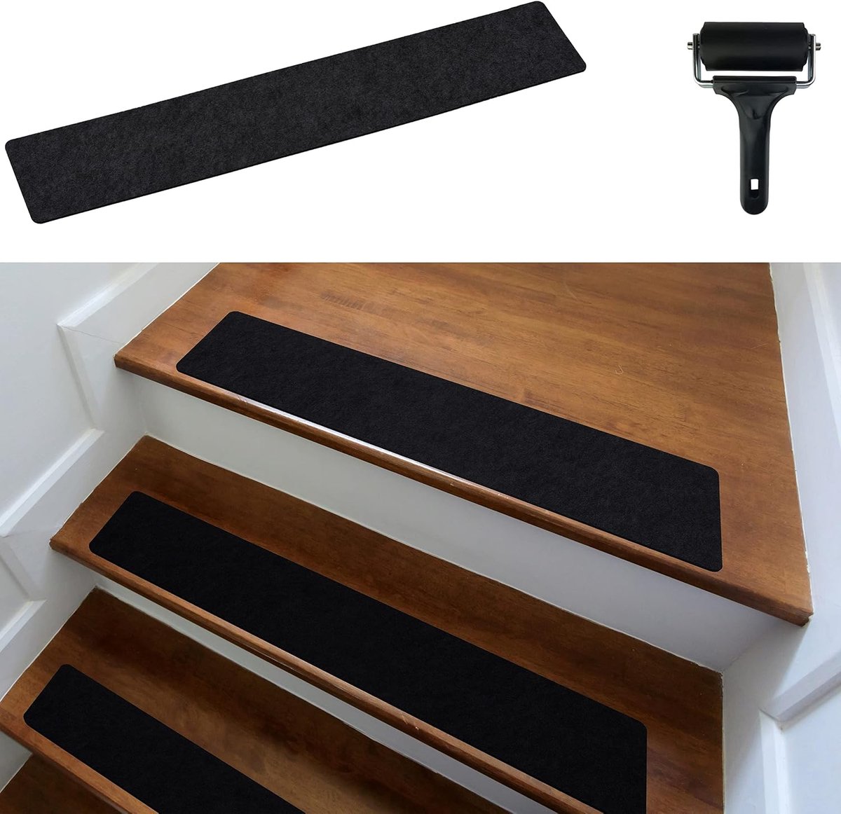 Traptredematten, modern, set van 15, 60 x 12 cm groot, vilt, zelfklevend, voor binnen, 15 stuks, tapijt, traptreden, zelfklevend, traptreden, zwart, 15 stuks