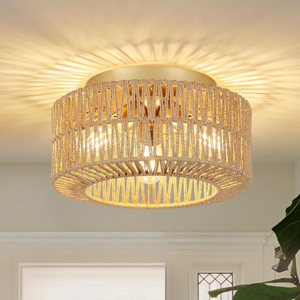 Boho Plafondlamp Stijl 3-Lichts Rotan voor Woonkamer, Bamboe voor Slaapkamer, Vintage en Boho Lamp voor Keuken en Hal