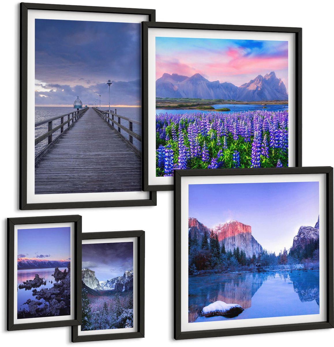 Coloray 5-Delige Schilderij Set - Berg- En Kustlandschappen Met Schilderachtige Uitzichten - 50 x 50 cm, 20 x 30 cm En 40 x 60 cm - Wanddecoratie - Schilderijen Set - Kantoor - Interieur Decoratie Zwarte lijst