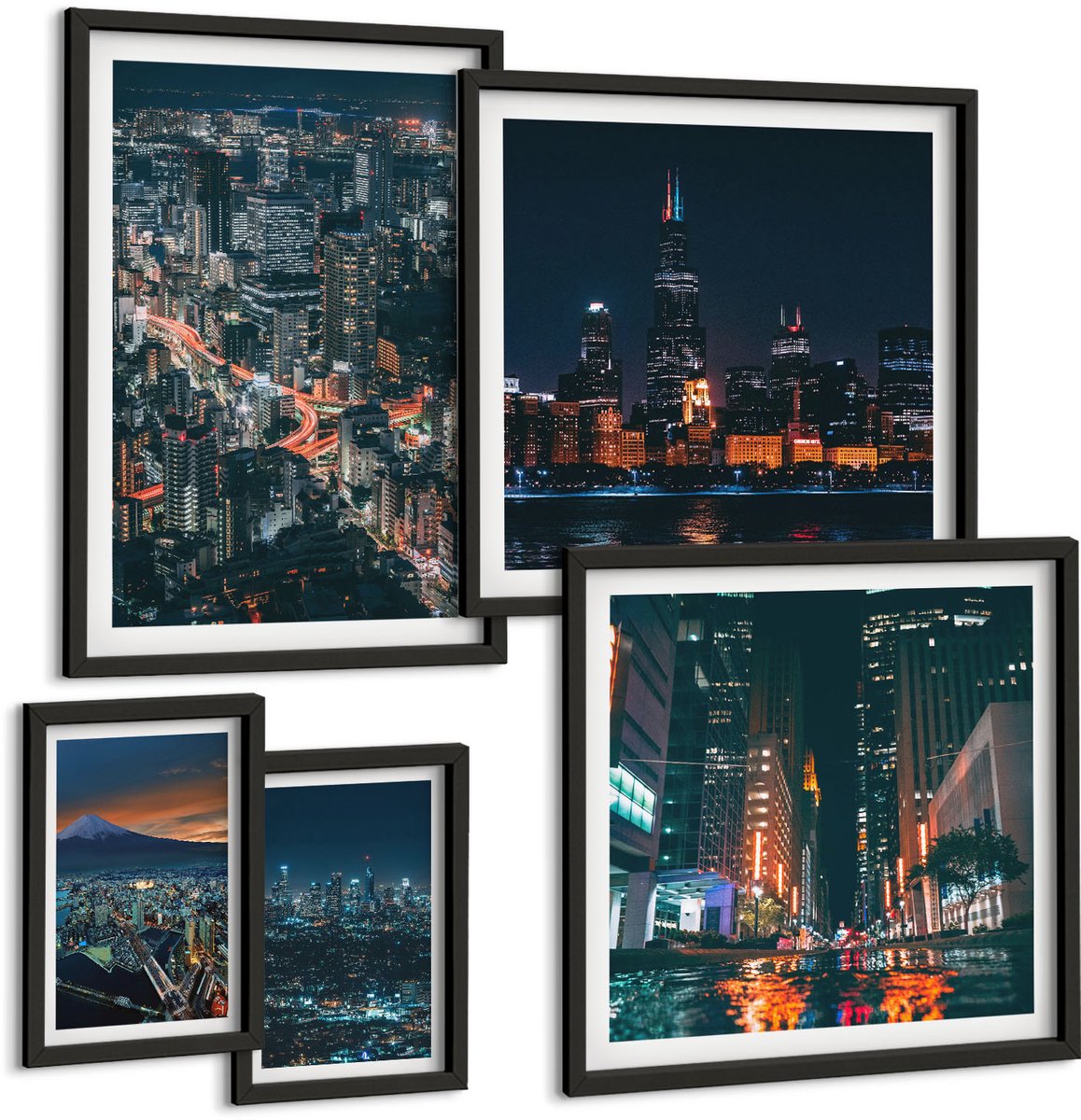 Coloray 5-Delige Schilderij Set - Nachtelijke Uitzichten Op Moderne Steden En Hun Architectuur - 50 x 50 cm, 20 x 30 cm En 40 x 60 cm - Wanddecoratie - Schilderijen Set - Interieur - Stijlvolle Muurdecoratie Zwarte lijst