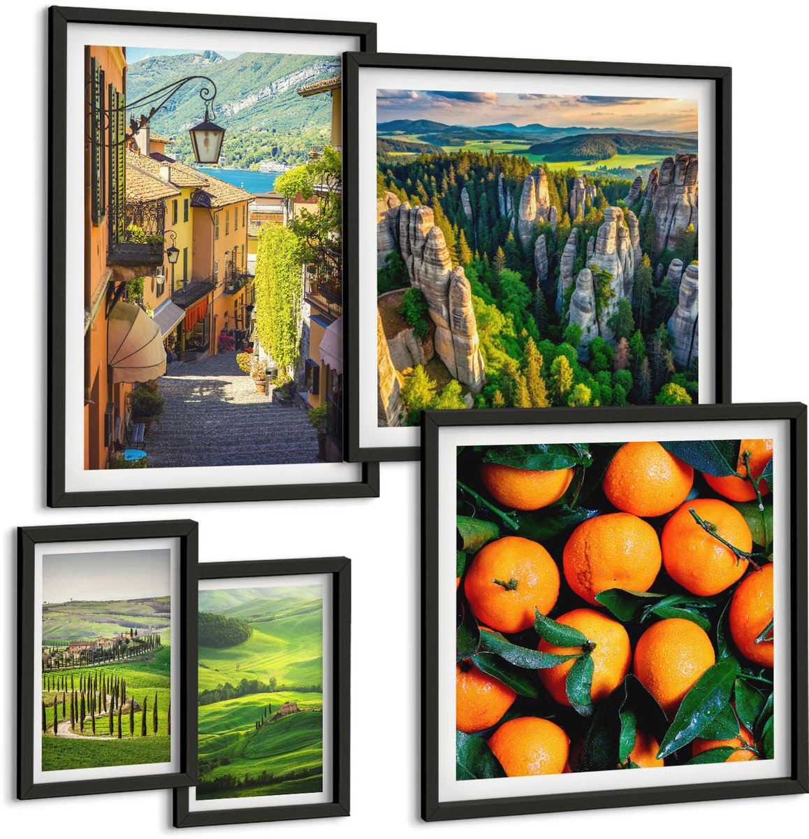 Coloray 5-Delige Schilderij Set - Charmante Landelijke Landschappen En Fruitinspiratie - 50 x 50 cm, 20 x 30 cm En 40 x 60 cm - Decoratieve Schilderijen - Woonkamer - Interieur - Woonkamer Decoratie Zwarte lijst
