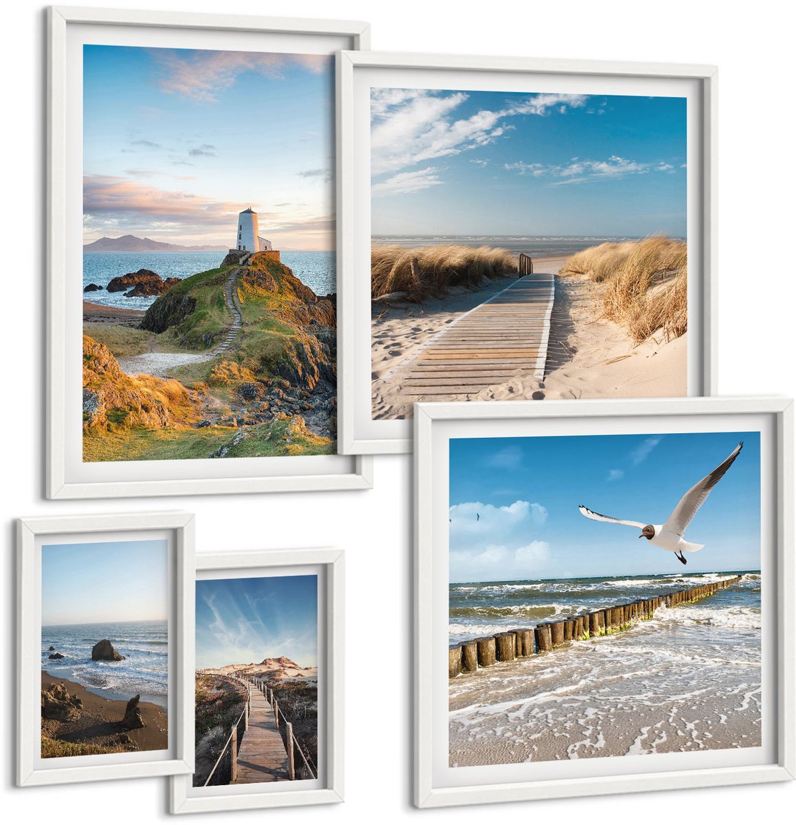Coloray 5-Delige Schilderij Set - Uitzicht Op Zee Met Vuurtorens En Stranden Op De Achtergrond. - 50 x 50 cm, 20 x 30 cm En 40 x 60 cm - Decoratieve Schilderijen - Woonkamer - Interieur