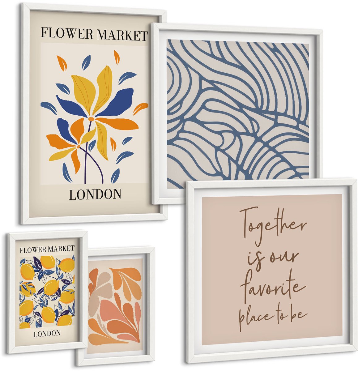 Coloray 5-Delige Schilderij Set - Bloemmotieven En Gestileerde Letters Uit Londen - 50 x 50 cm, 20 x 30 cm En 40 x 60 cm - Muurdecoratie - Wanddecoratie - Hal - Moderne Wanddecoratie