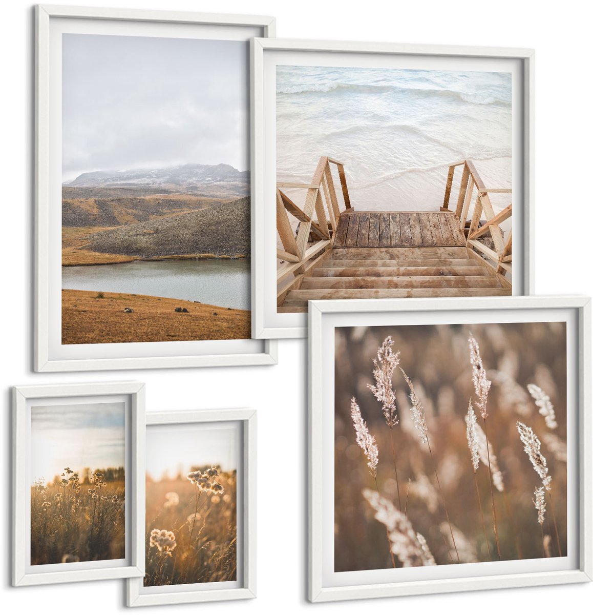 Coloray 5-Delige Schilderij Set - Natuurlandschappen Met Uitzicht Op Velden En Meren - 50 x 50 cm, 20 x 30 cm En 40 x 60 cm - Muurdecoratie - Interieur Decoratie - Woonkamer Decoratie