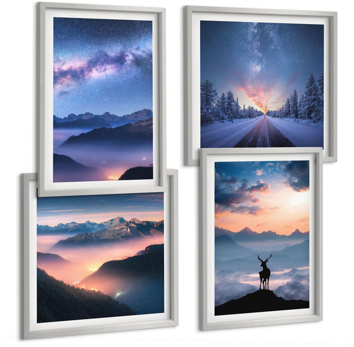 Coloray 4-Delige Schilderij Set - Nachtelijke Hemel, Berglandschappen In De Mist En Herten - 40 x 40 cm En 40 x 60 cm - Muurdecoratie - Decoratieve Schilderijen - Wohnzimmer - Moderne Wanddecoratie
