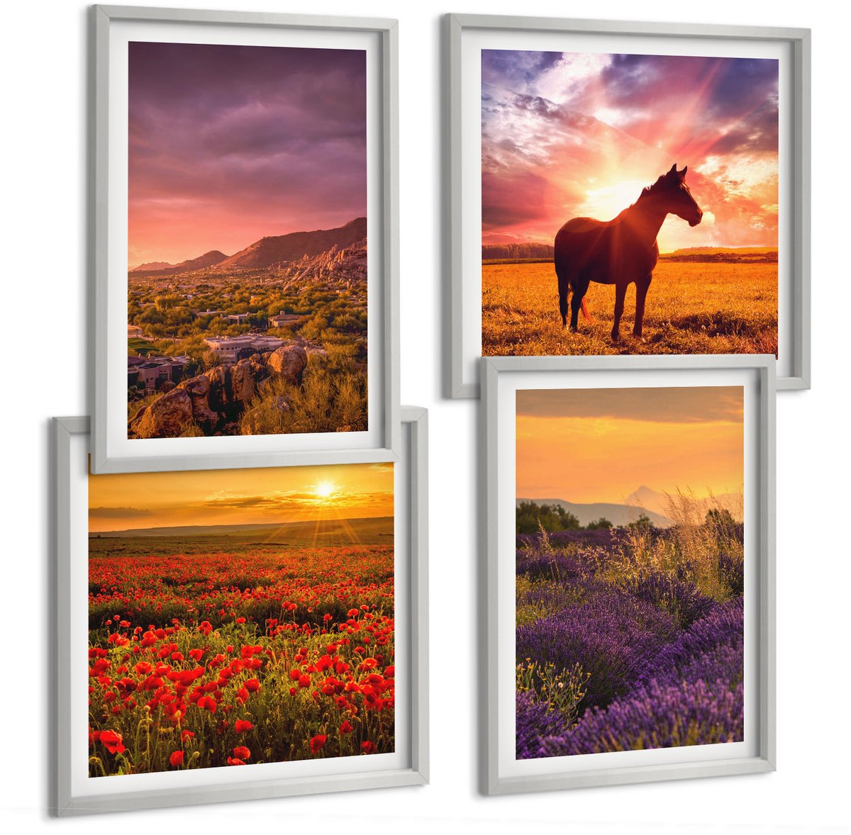 Coloray 4-Delige Schilderij Set - Berglandschappen Met Paarden En Lavendelvelden - 40 x 40 cm En 40 x 60 cm - Wanddecoratie - Muurdecoratie - Moderne Interieurdecoratie