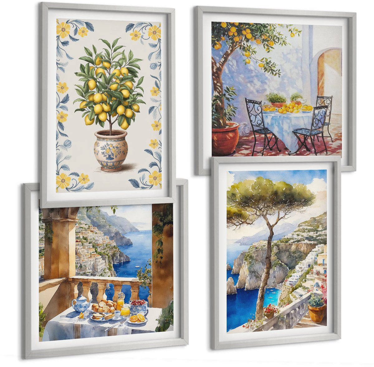 Coloray 4-Delige Schilderij Set - Zeegezicht Met Citroenbomen - Italiaanse Schilderijen - 40 x 40 cm En 40 x 60 cm - Schilderijen Set - Wanddecoratie - Woonkamer - Muurdecoratie