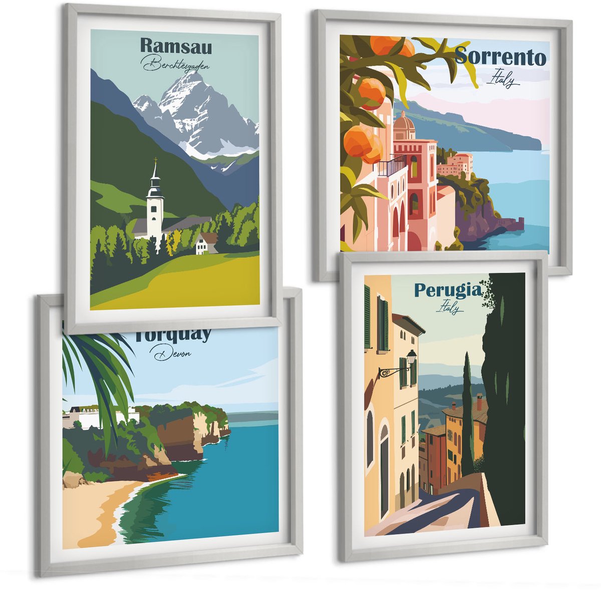 Coloray 4-Delige Schilderij Set - Berglandschappen En Straten Van Europese Steden - 40 x 40 cm En 40 x 60 cm - Wanddecoratie - Muurdecoratie - Moderne Interieurdecoratie - Decoratieve Schilderijen
