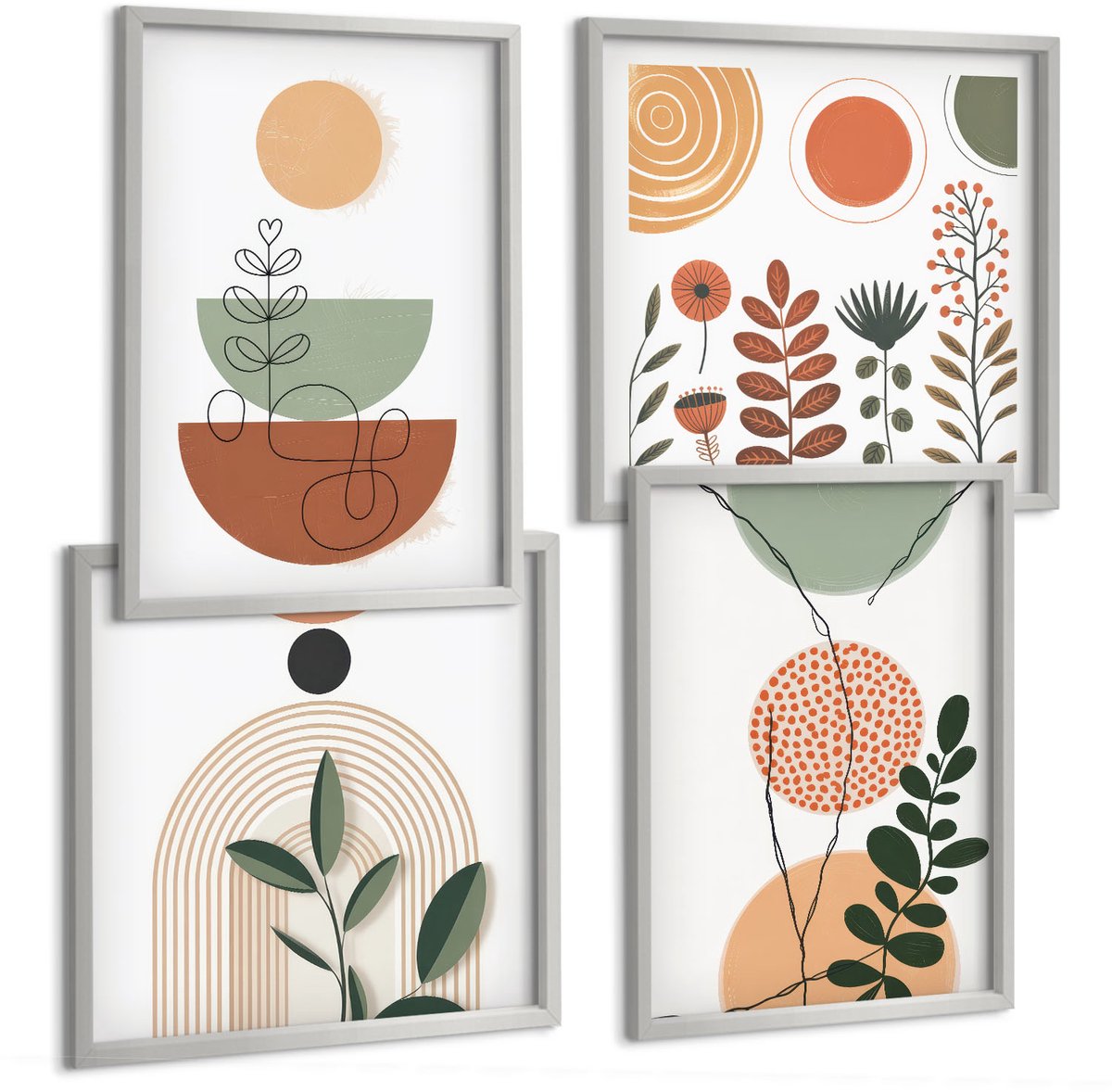 Coloray 4-Delige Schilderij Set - Abstracte Vormen Met Kleurrijke Plantmotieven - 40 x 40 cm En 40 x 60 cm - Muurdecoratie - Interieur Decoratie