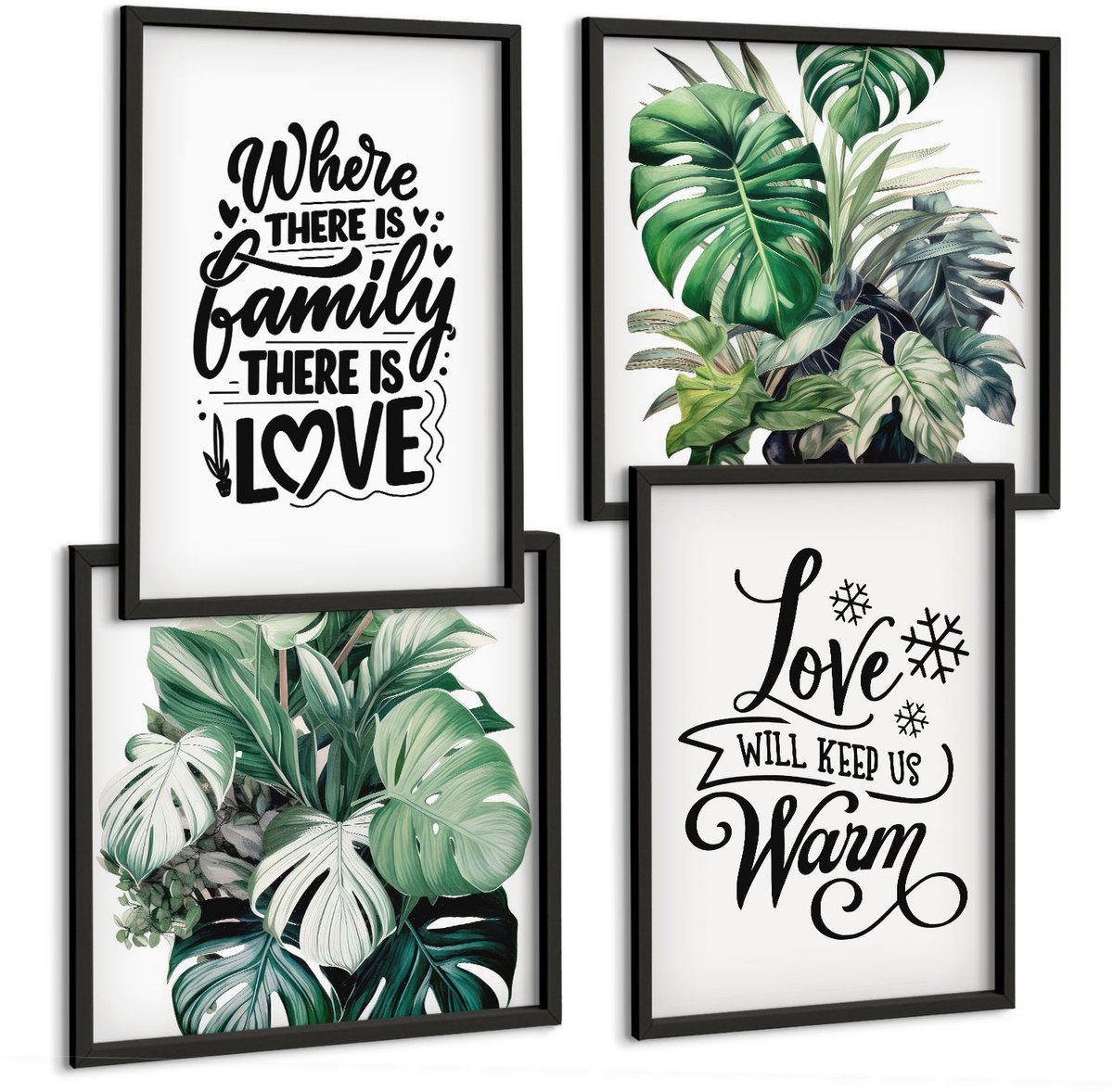 Coloray 4-Delige Schilderij Set - Familieliefde, Warmte Thuis, Bladeren, Planten, Aquarel - 40 x 40 cm En 40 x 60 cm - Wanddecoratie - Muurdecoratie - Woonkamer - Stijlvolle Muurdecoratie Zwarte lijst