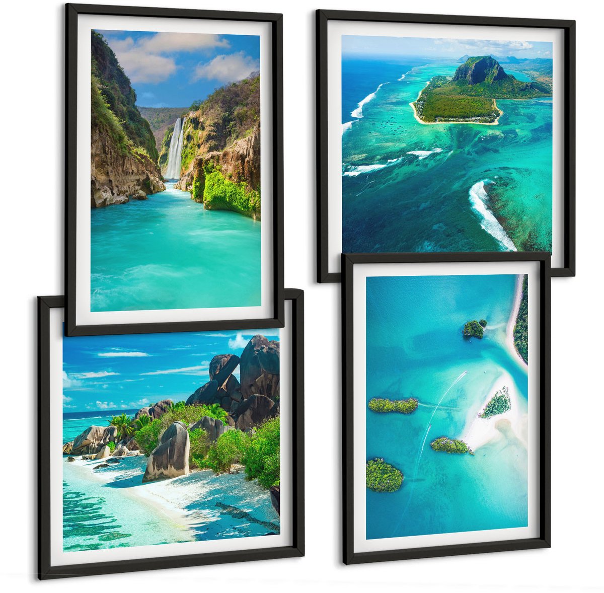 Coloray 4-Delige Schilderij Set - Tropische Landschappen Met Eilanden En Turquoise Water - 40 x 40 cm En 40 x 60 cm - Wanddecoratie - Moderne Interieurdecoratie - Muurdecoratie Zwarte lijst
