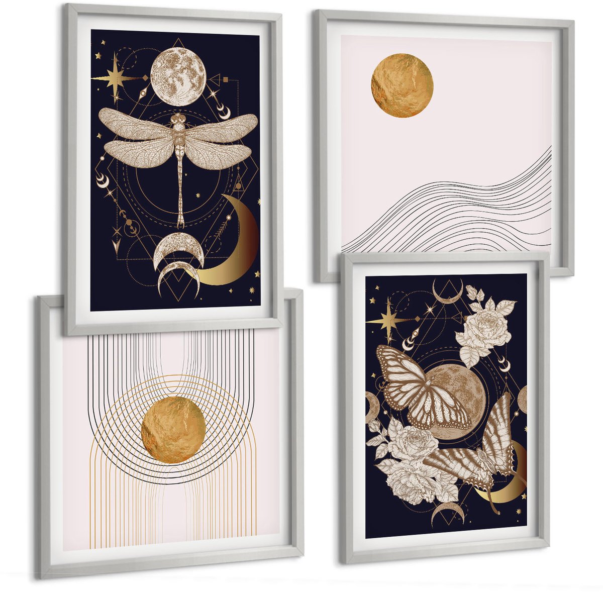 Coloray 4-Delige Schilderij Set - Natuurthema'S Met De Maan, De Ruimte En Bloemen. - 40 x 40 cm En 40 x 60 cm - Moderne Wanddecoratie - Woonkamer
