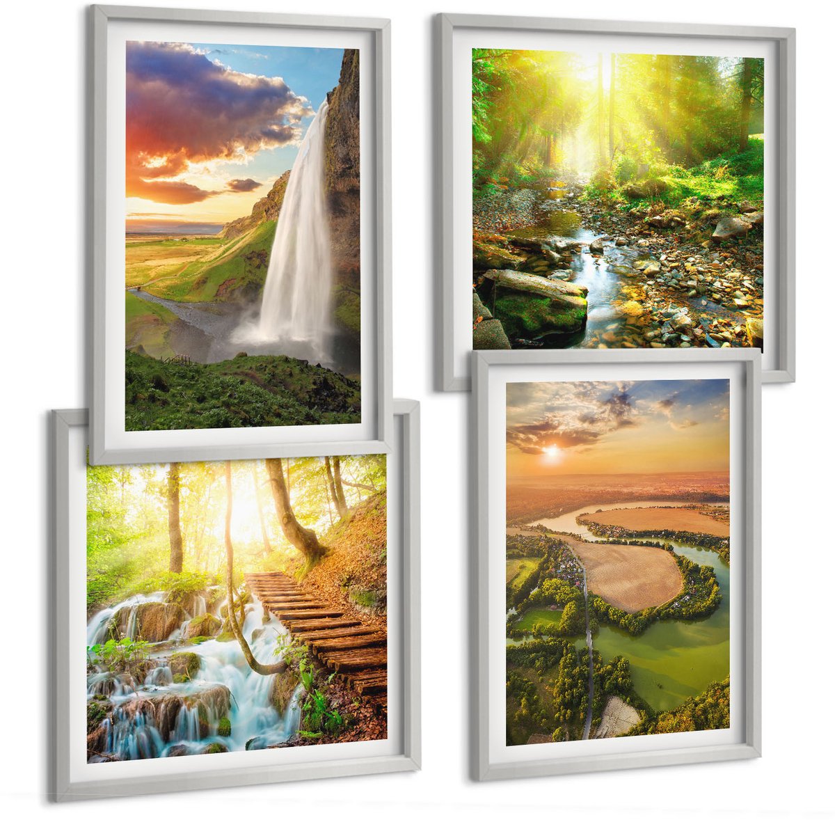 Coloray 4-Delige Schilderij Set - Waterval Bergen Sinaasappels Italiaans Landschap Zonsondergang - 40 x 40 cm En 40 x 60 cm - Muurdecoratie - Interieur Decoratie - Woonkamer Decoratie