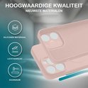 Roze siliconen hoesjes gestapeld, met iconen voor siliconen materiaal, lichtgewicht en duurzaam.