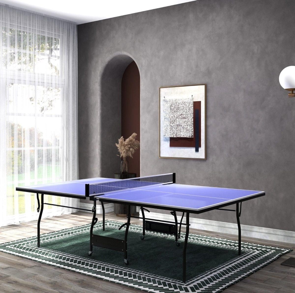 REDOM - Tafeltennistafel - Inklapbaar - Met net, 2 bats en 3 ballen - 4 wielen met 2 remmen - MDF en staal - Blauw - 274 x 152,5 x 76 cm