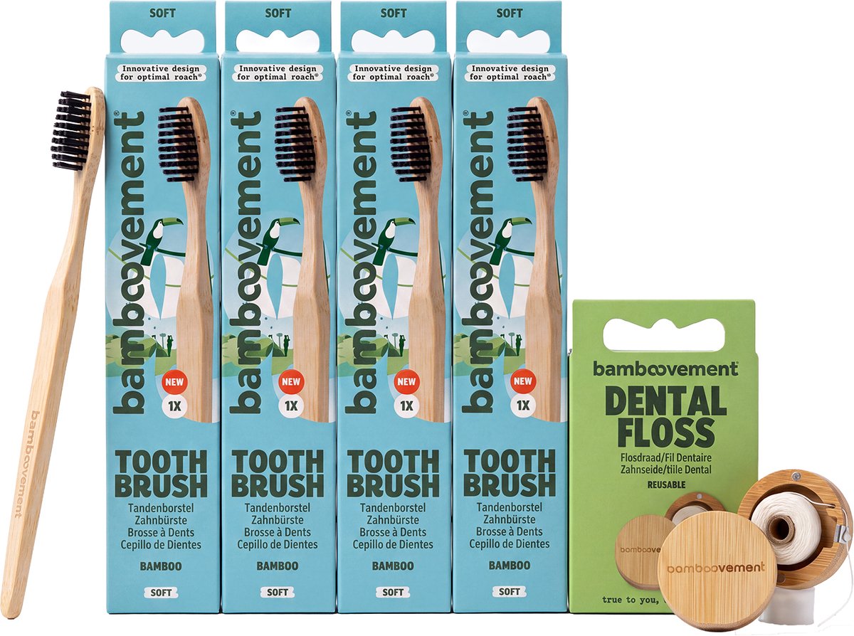 Bamboovement Bamboe Tandenborstels met Floss | 4x Zacht | Mondverzorging Set