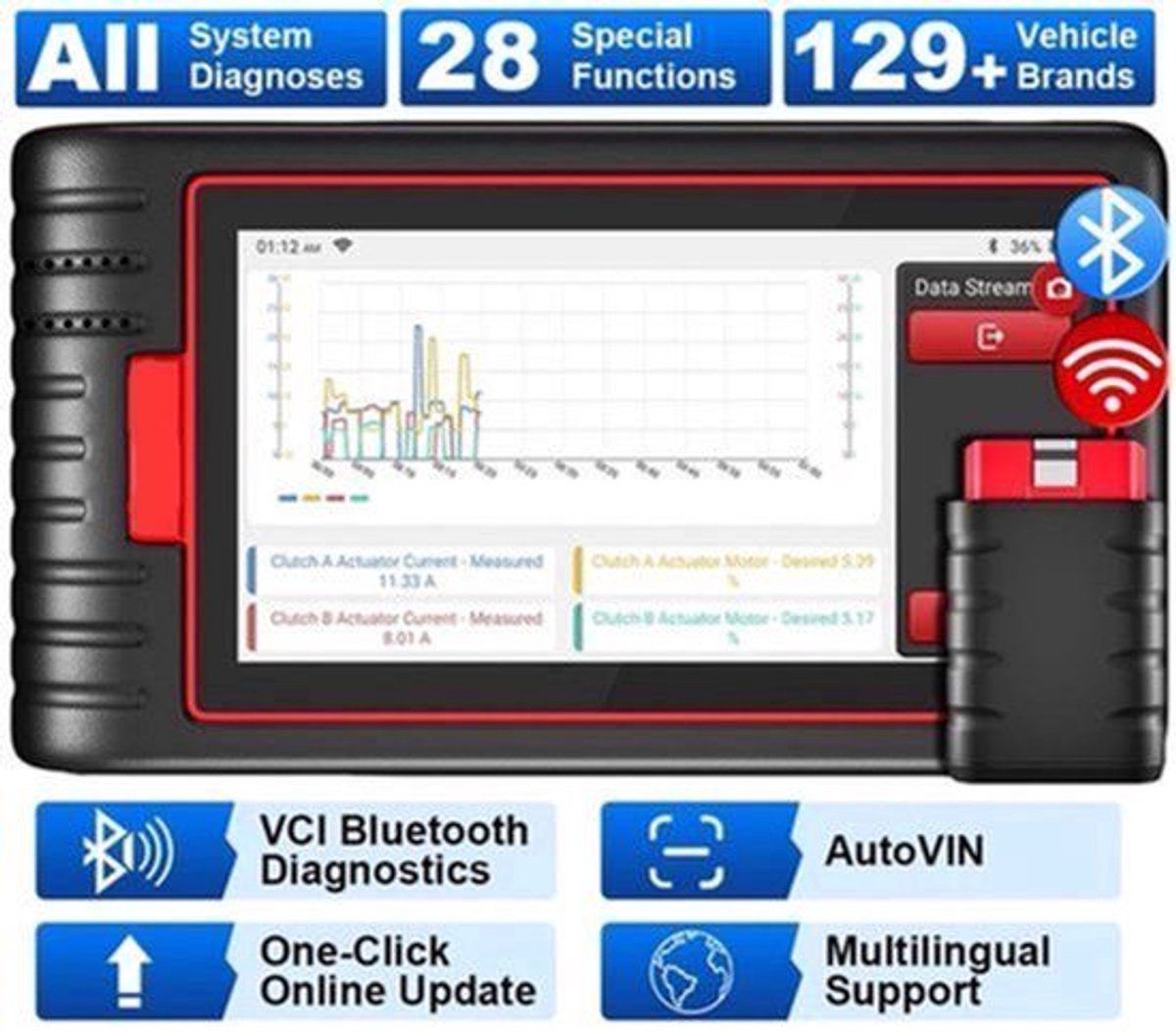OBD2 Scanner - OBD - Diagnosecomputer - Storing Verwijderen - Uitleesapparatuur - Auto Uitlezen - Diagnose apparatuur voor auto's - met Volledige Systeemdiagnose & 28 Resetfuncties – Gratis Beveiligde Voertuigtoegang en Levenslange Updates