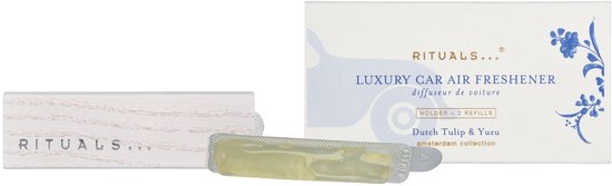 RITUALS auto luchtverfrisser: houten houder, verpakking en twee refills met Dutch Tulip & Yuzu geur.