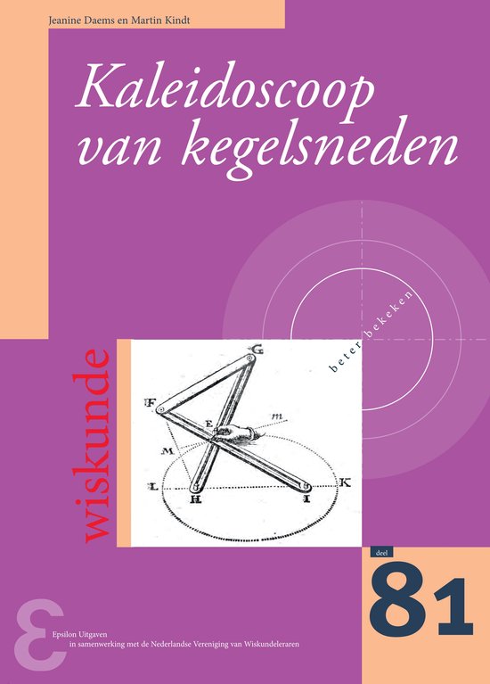 Paarse boekomslag getiteld 'Kaleidoscoop van kegelsneden' met een historische technische tekening van een meetinstrument.