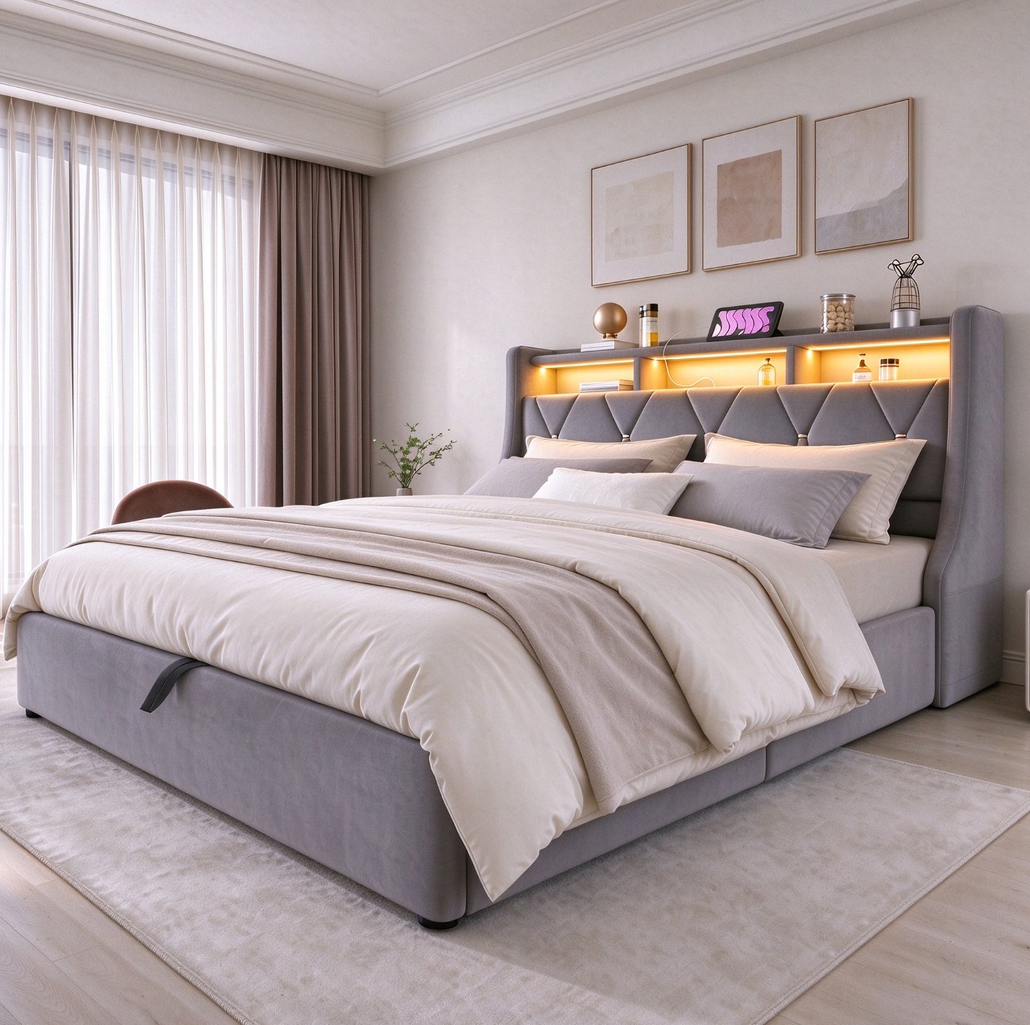 OKWISH Gestoffeerd Bed 160x200 cm - Hydraulische Opbergruimte - Hoofdbord met Stopcontact en Verlichting - Fluweel - Grijs - Zonder Matras