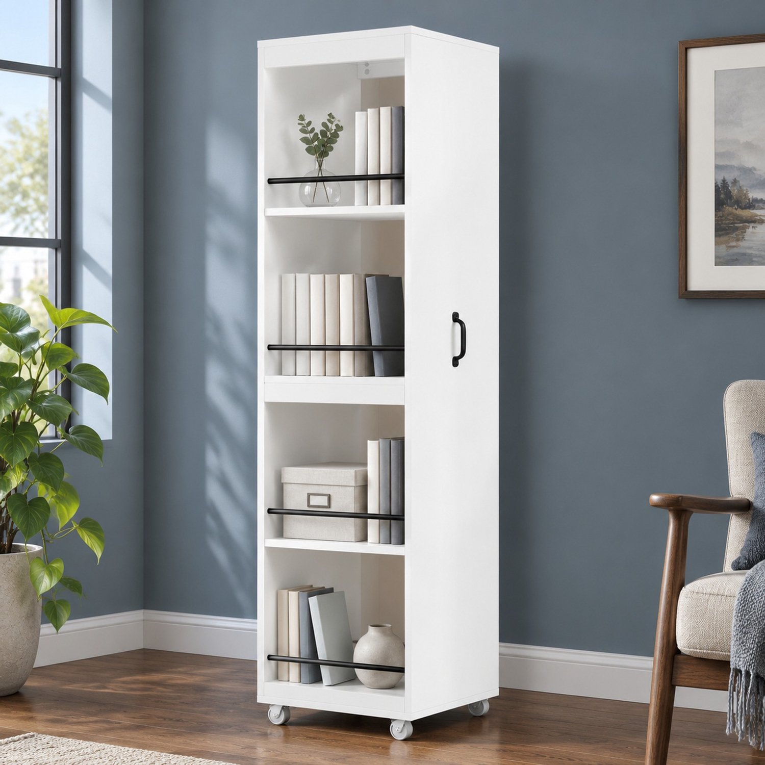 MODFU Smalle Boekenkast - Open Vakken Met Beschermstangen En Wielen - MDF - Wit - 40 X 30 X 160,5 Cm