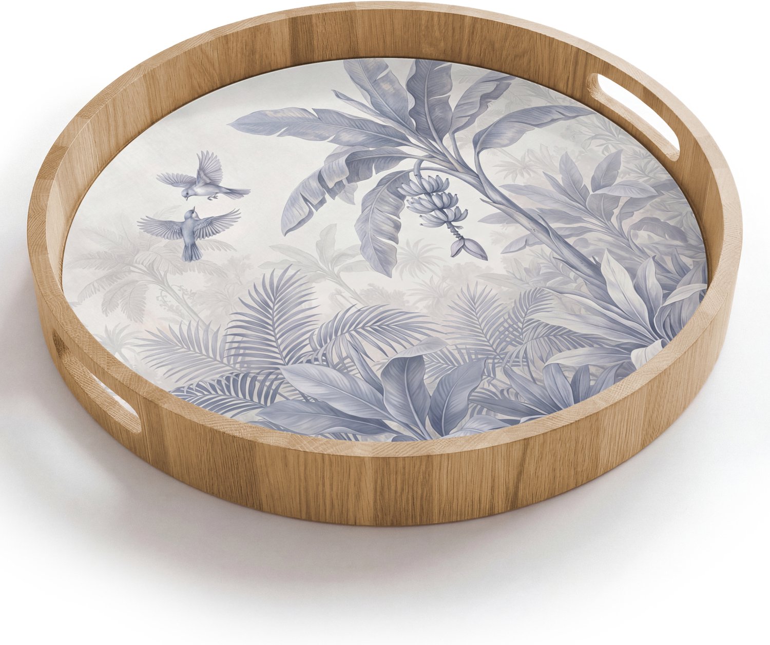 Dienblad rond 40x40 cm - Schootdienblad hout - Natuur - Vogel - Jungle - Illustratie - Blauw - Borrelplank rechthoek - Plateau houten dienbladen