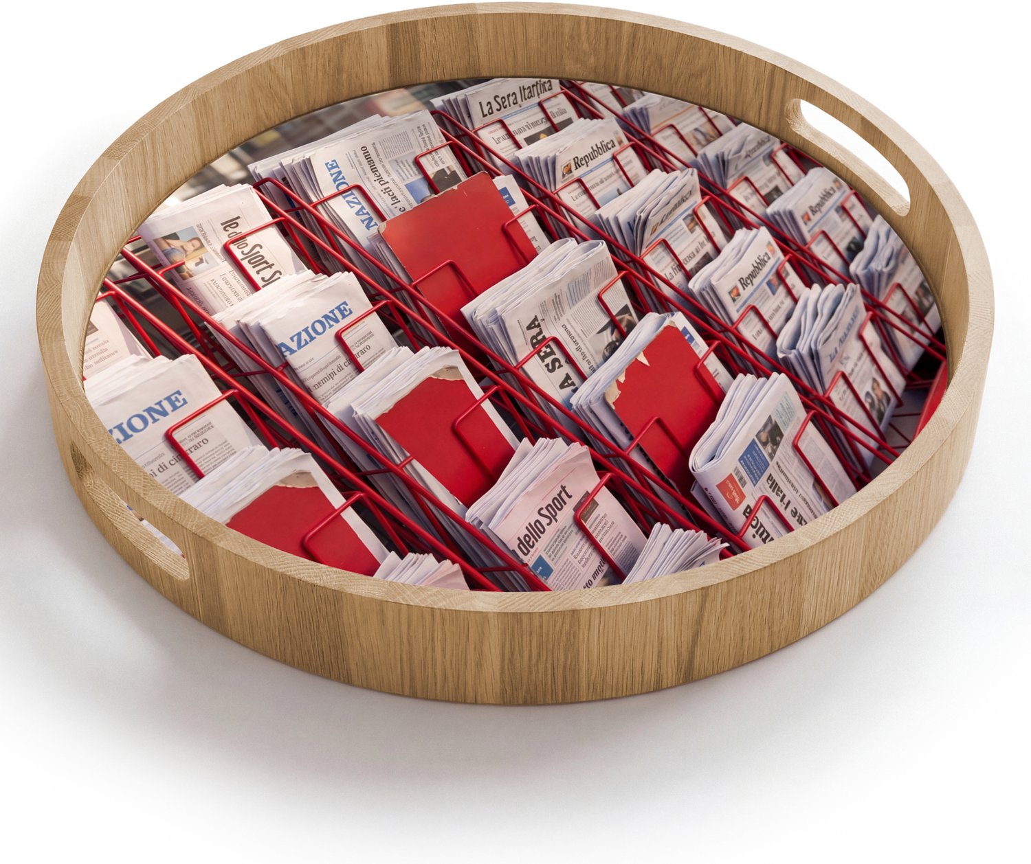 Dienblad rond 40x40 cm - Schootdienblad hout - Kranten - Rek - Stedelijk - Dagelijks leven - Rood - Borrelplank rechthoek - Plateau houten dienbladen