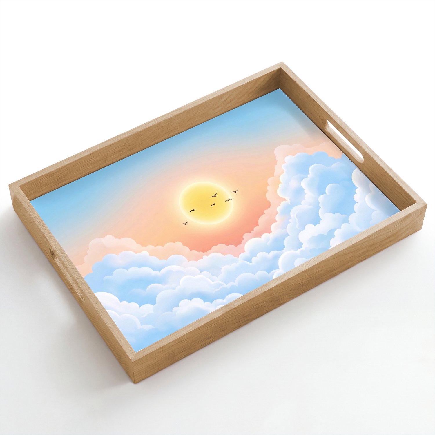 Dienblad hout 50x35 cm - Schootdienblad - Zon - Vogels - Lucht - Natuur - Geel - Borrelplank rechthoek - Plateau dienbladen