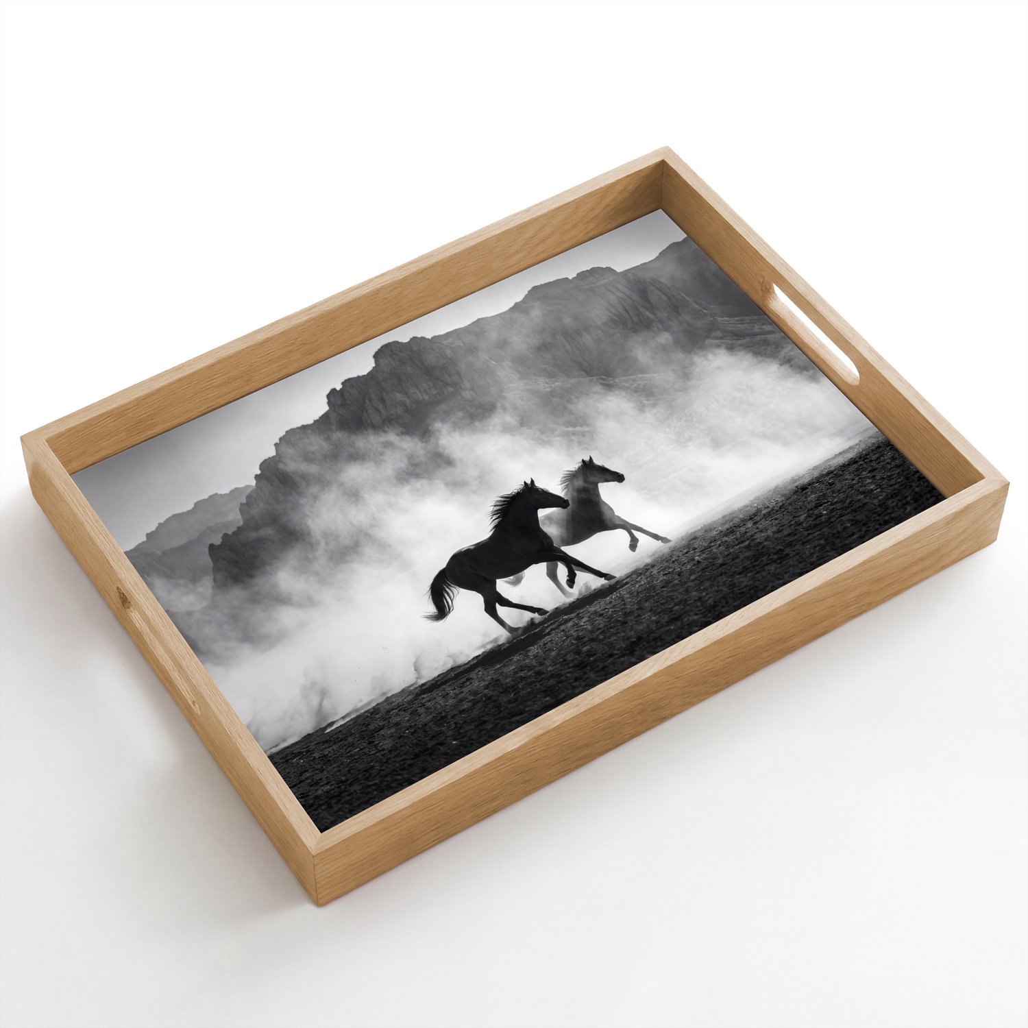 Dienblad hout 50x35 cm - Schootdienblad - Paard - Ren - Stof - Zwart-wit - Dieren - Borrelplank rechthoek - Plateau dienbladen
