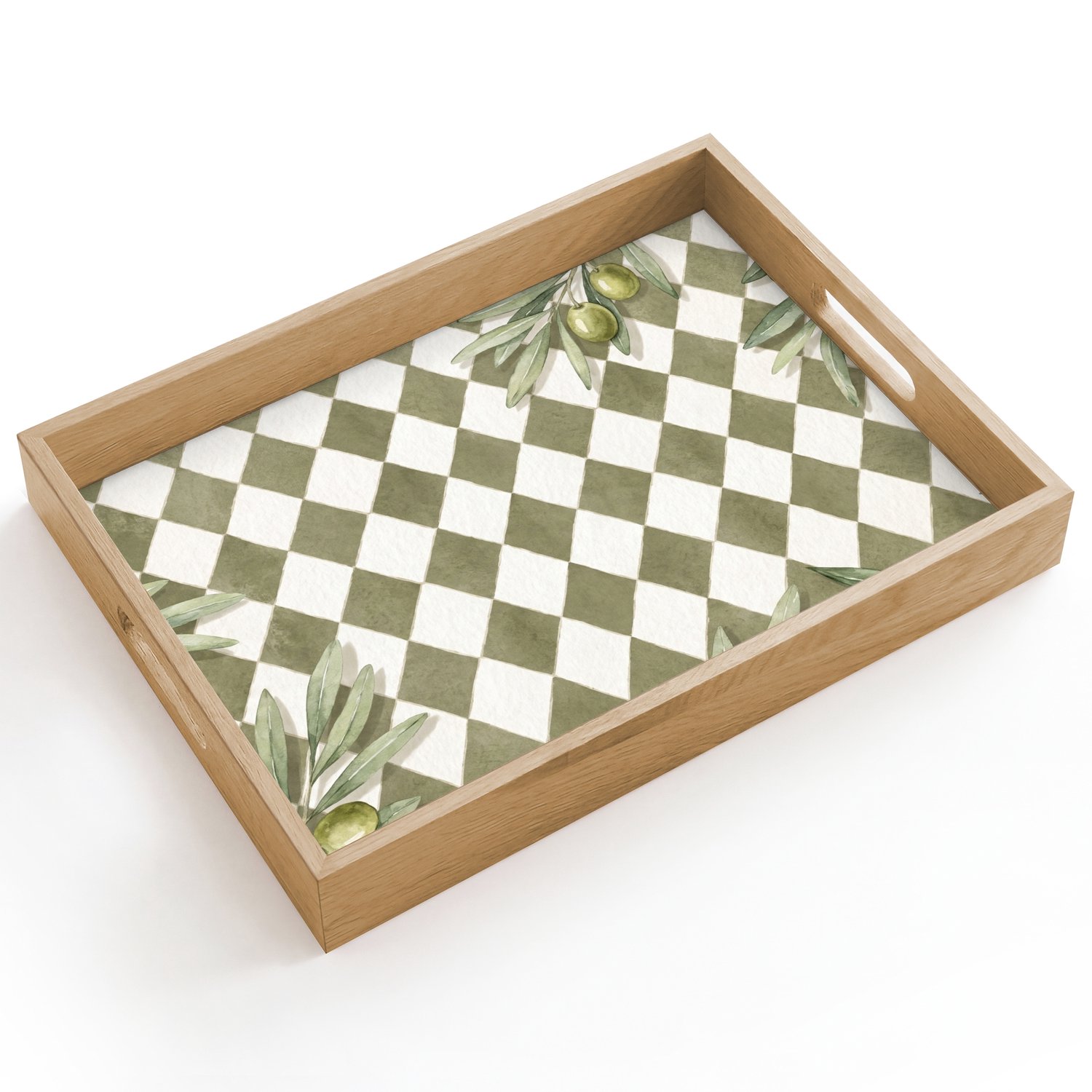 Dienblad hout 40x30 cm - Schootdienblad - Plant - Olijftakken - Waterverf - Mediterraan - Groen - Borrelplank rechthoek - Plateau dienbladen